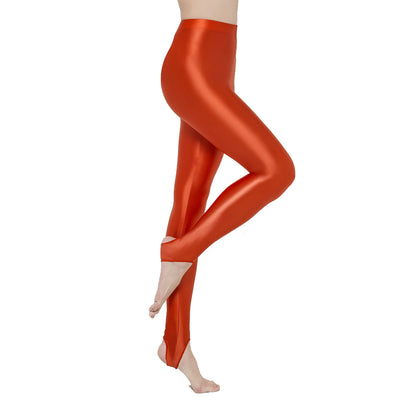 AMORESY Women Glossy Soft Smooth Breathable Satin Stretch Thin High Waist Slim Bodybuilding Yoga Sports Tights Stirrup Leggings