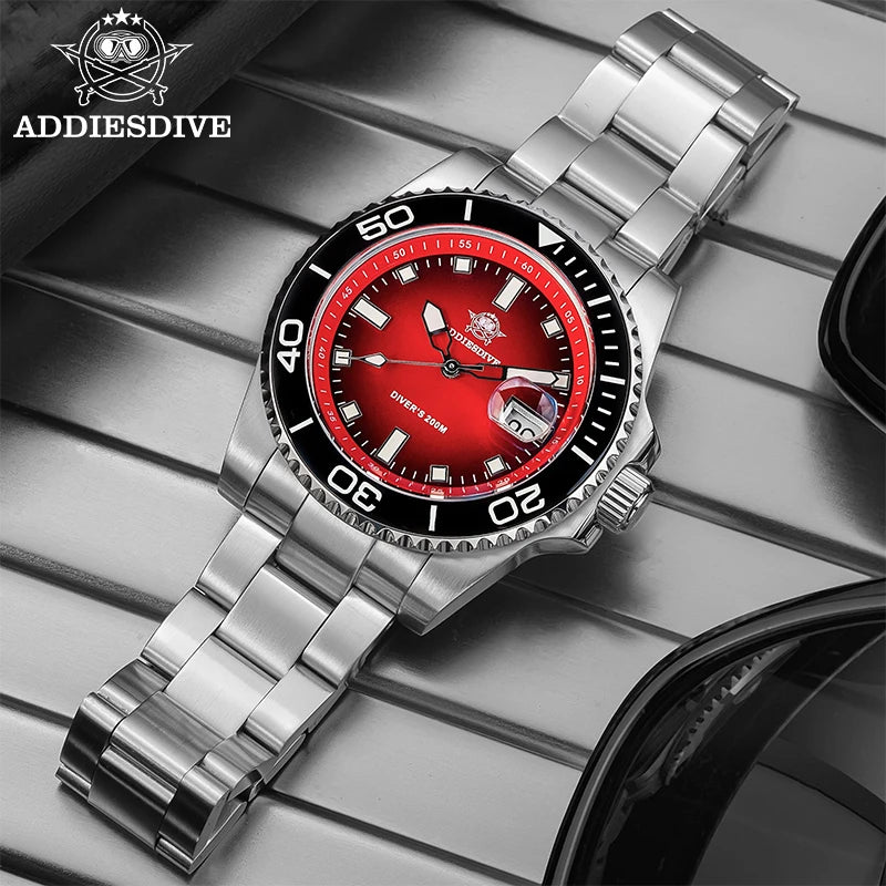 ADDIESDIVE New 41mm Men Watch Diving 200m Waterproof  AD2089 Top Brand Diver Wristwatch Stainless Steel Luminous Leisure Watch