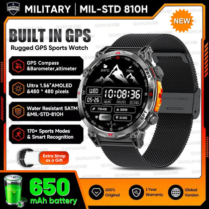 2026 Outdoor GPS Sports Smart Watch Men Built in GPS Compass 5ATM Waterproof Bluetooth Call HD AMOLED Screen Fitness Smartwatch