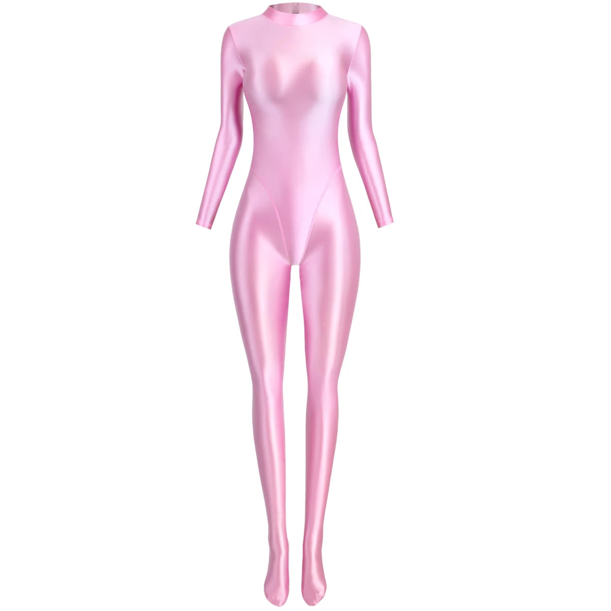 MJINM Glitter Shiny Satin High Stretch V-crotch Longsleeve Back Zipper Yoga Fitness Jumpsuit Bodysuit Playsuit Catsuit Homewear