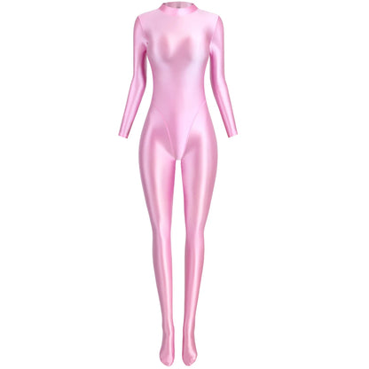 MJINM Glitter Shiny Satin High Stretch V-crotch Longsleeve Back Zipper Yoga Fitness Jumpsuit Bodysuit Playsuit Catsuit Homewear
