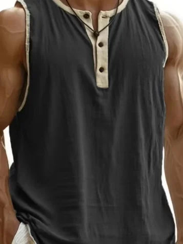 Summer 2025 Men's Fashion Cotton Sleeveless Fitness Casual Vest Color Block Trendy Button Decorated Loose Fit Sweat Wicking