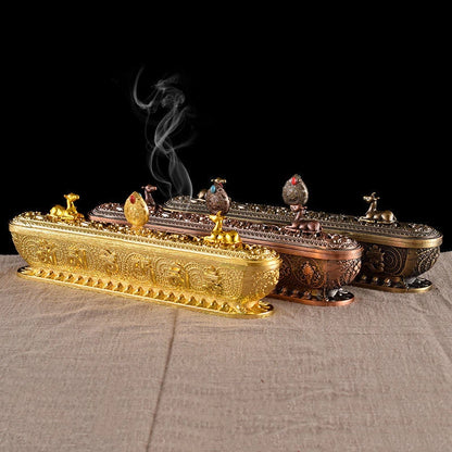 Sanskrit Incense Stick Burner Alloy Buddhist Tibetan Indoor Golden Meditation Engraving Temples Smoke Supply Furnace Ornaments
