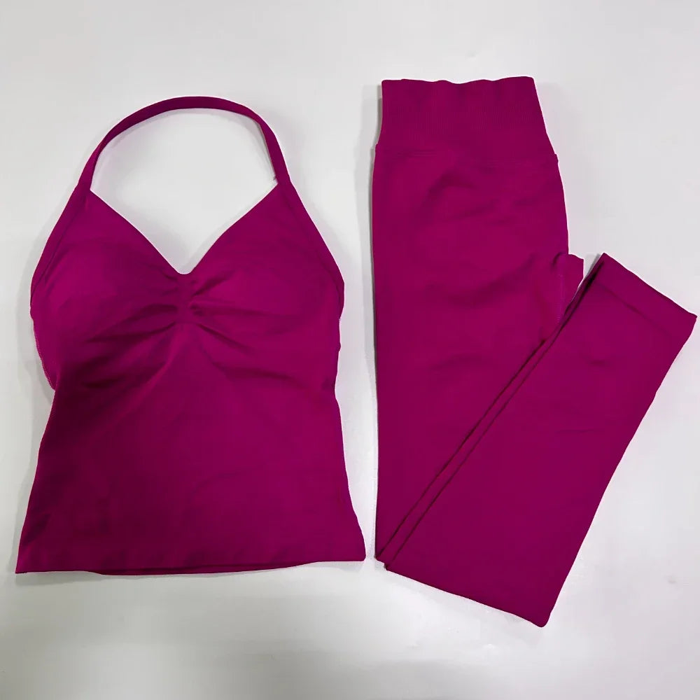 2Pcs Gym Set Women Backless Tank Tops High Waist Scrunch Seamless Shorts Gym Suit Fitness Clothes Activewear Workout Set