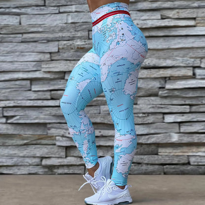 NADANBAO Woman Map Printed Leggings High Waist Skinny Trousers Lady Sporty Workout Pants Female Outdoor Running Riding Bottom