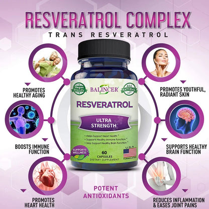 Resveratrol Supplements - Supports Cellular Health, Promotes Skin Radiance,Anti-aging,120 Capsules