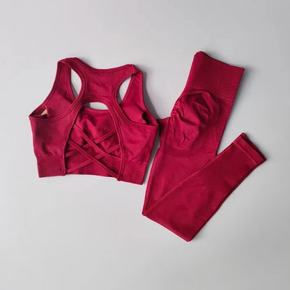Women's yoga exercise set, cross belt backless sports bra paired with hip lifting and high waist yoga fitness pants