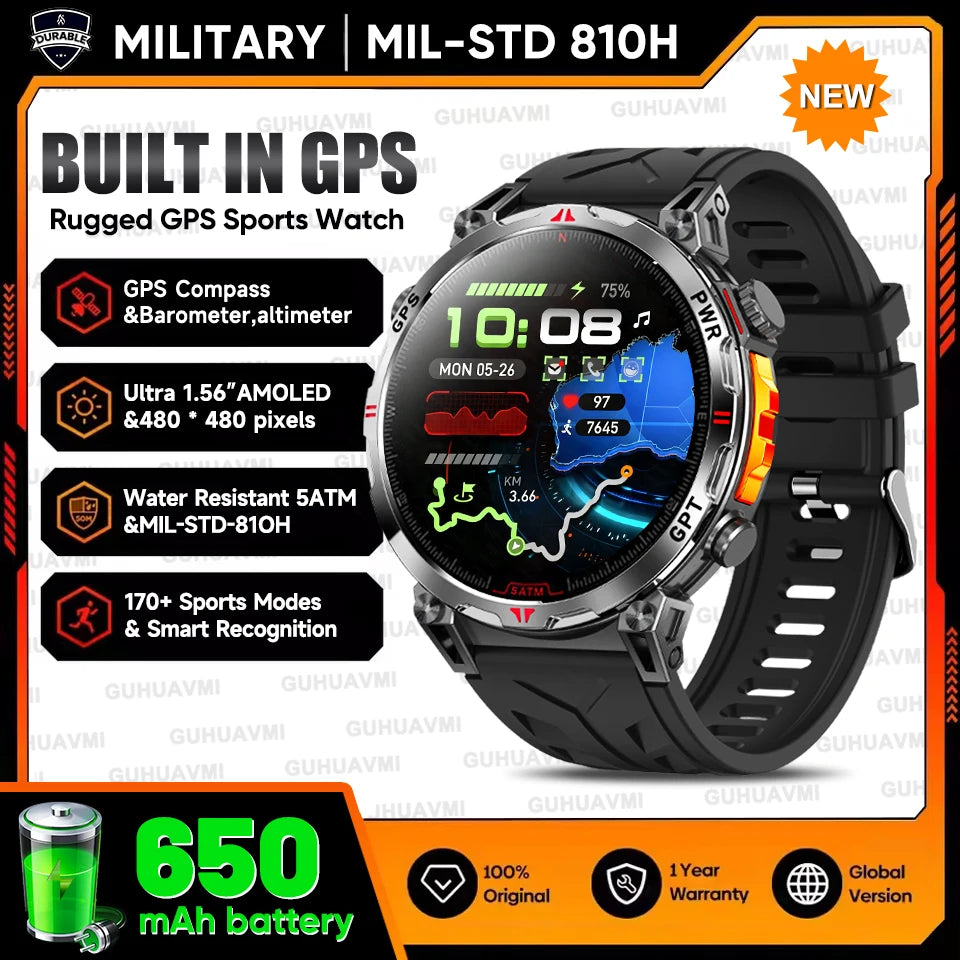 2026 Outdoor GPS Sports Smart Watch Men Built in GPS Compass 5ATM Waterproof Bluetooth Call HD AMOLED Screen Fitness Smartwatch