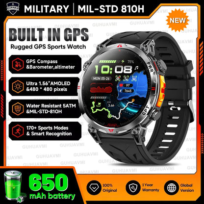 2026 Outdoor GPS Sports Smart Watch Men Built in GPS Compass 5ATM Waterproof Bluetooth Call HD AMOLED Screen Fitness Smartwatch