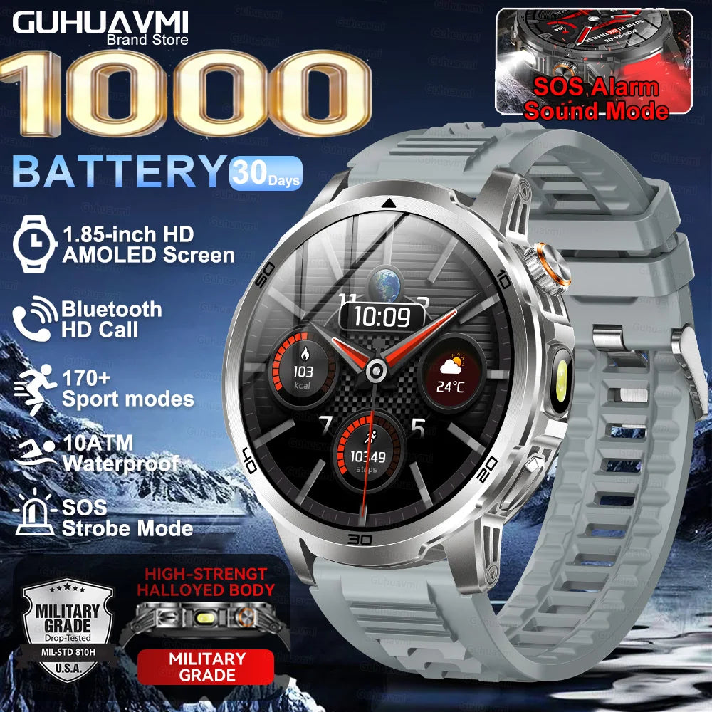 2026 New  Outdoor Adventure 1000mAh Large Battery  1.85"Smart Watch 10ATM Waterproof Voice Call Sports Men GPS Fitness Bracelet