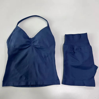 2Pcs Gym Set Women Backless Tank Tops High Waist Scrunch Seamless Shorts Gym Suit Fitness Clothes Activewear Workout Set