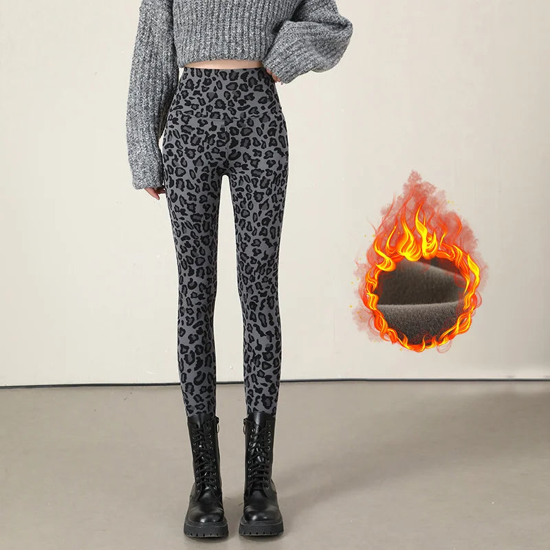 Autumn Winter Thin Velvet Fashion Leopard Sharkskin Leggings Women High Waisted Sexy Slim Tight Warm Leggings Yoga Pants