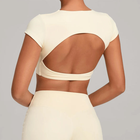 Hollow Backless Short Sleeve Sporty Slim T-shirt Women Crop Top Breathable Quick Dry Gym Workout Top Sport Shirt Fitness Clothes