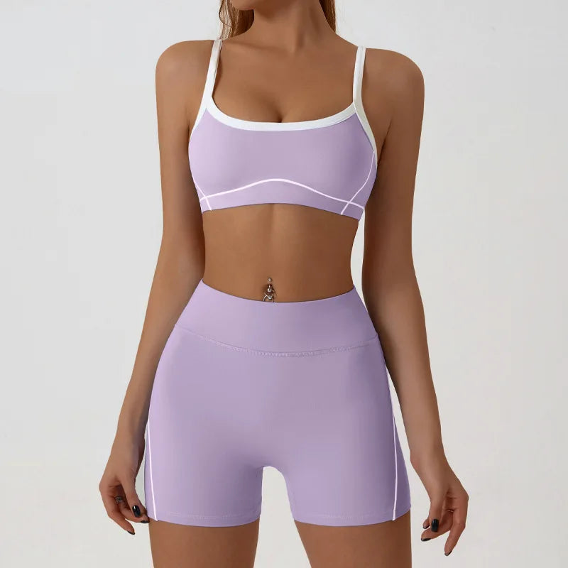 Nude High-elasticity Yoga Suit Contrasting Color Bra Halter Top Hip-lifting Fitness Line Shorts Pilates Sports Set