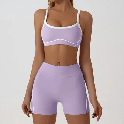 Nude High-elasticity Yoga Suit Contrasting Color Bra Halter Top Hip-lifting Fitness Line Shorts Pilates Sports Set