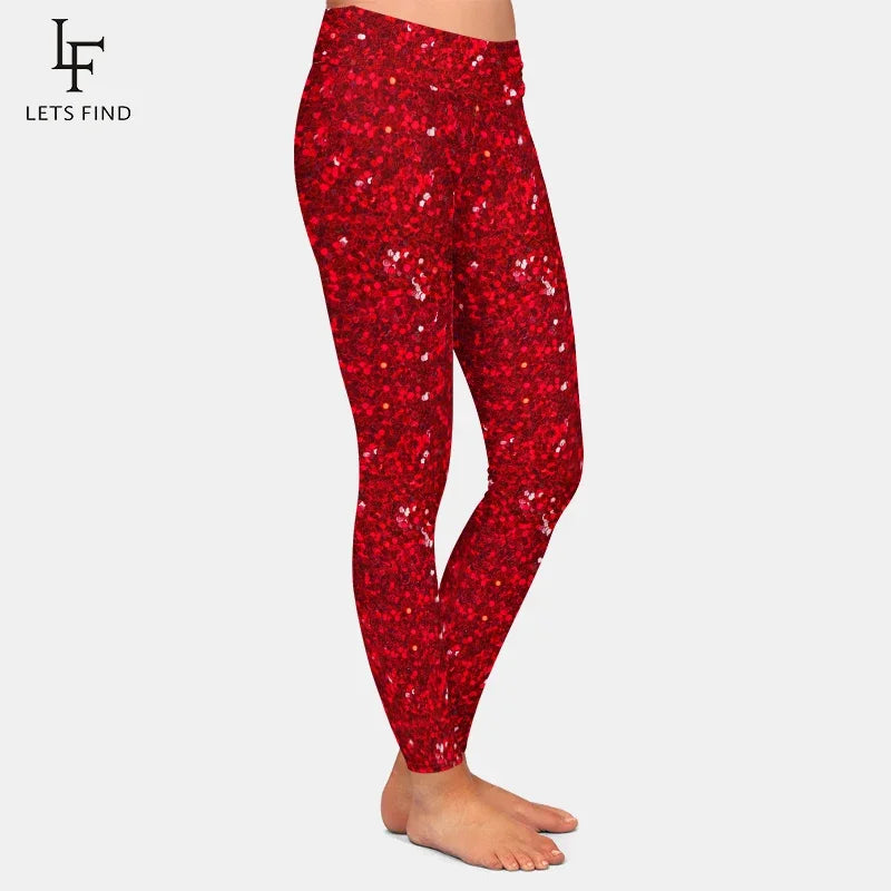 LETSFIND New Arrival Women Leggings High Waist Sexy Women Pants 3D Red Glitter Texture Print Fitness Slim Girls Stretch Leggings