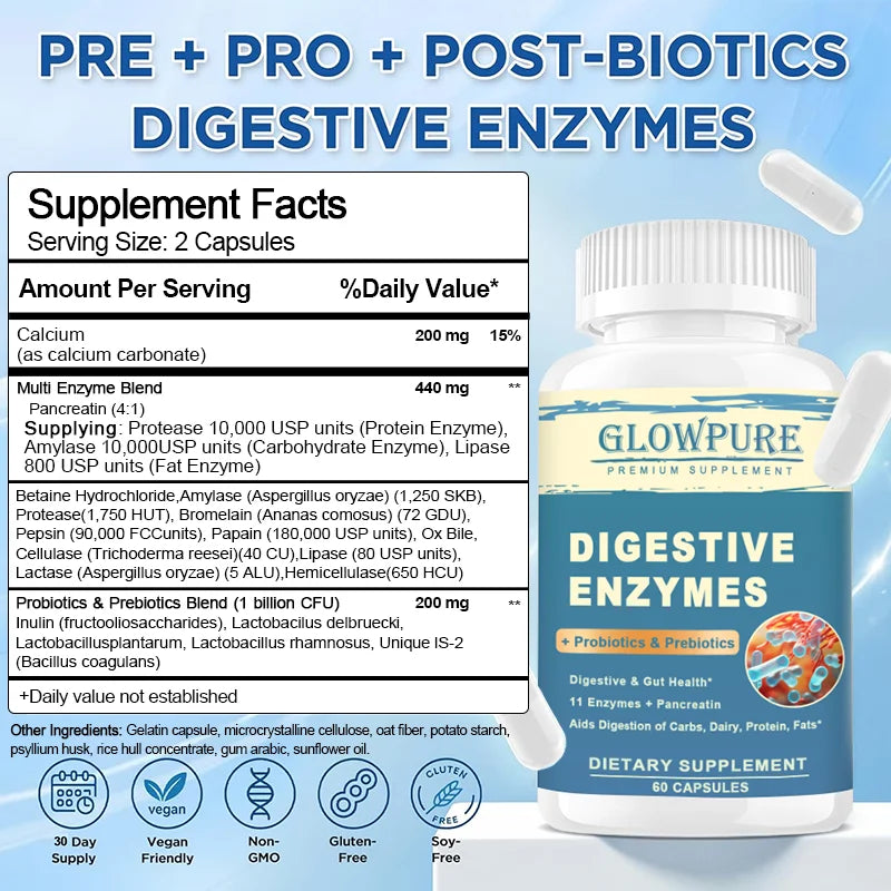 Digestive Enzyme Supplement with Prebiotics & Probiotics - Supports Nutrient Absorption | Gut Health Promotes Digestion | Immune