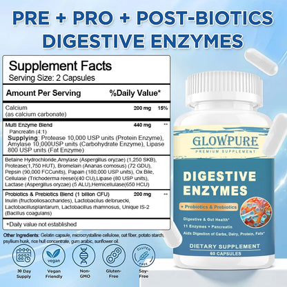 Digestive Enzyme Supplement with Prebiotics & Probiotics - Supports Nutrient Absorption | Gut Health Promotes Digestion | Immune