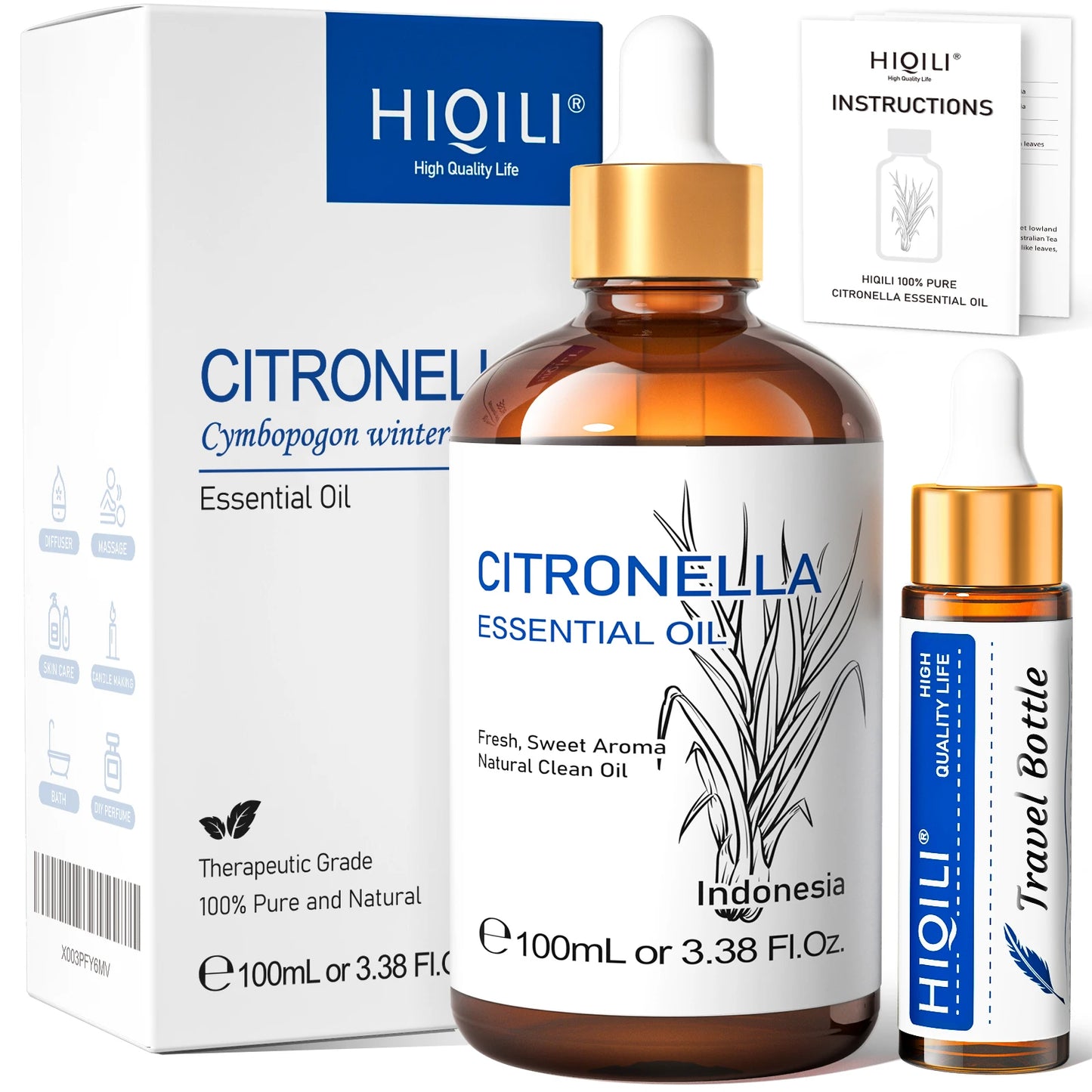 HIQILI Therapeutic Grade Essential Oil 100ml for Massage Relaxation Air Freshener Bergamot Peppermint Vanilla Chamomile Thyme