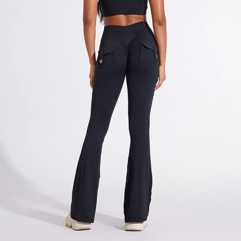 Workwear Pocket Pants, Women's Peach Bell Bottom Pants, Hip Lifting Sports Leggings, Fitness Pants, Micro Bell Bottom Pants