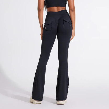 Workwear Pocket Pants, Women's Peach Bell Bottom Pants, Hip Lifting Sports Leggings, Fitness Pants, Micro Bell Bottom Pants