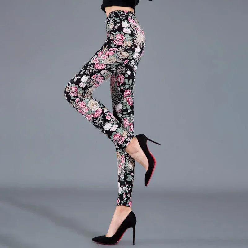 Women Floral Printed Exercise Colorful Peony Flower Female Elastic Leggins High Waist Pants Push Up Trousers Fitness Leggings