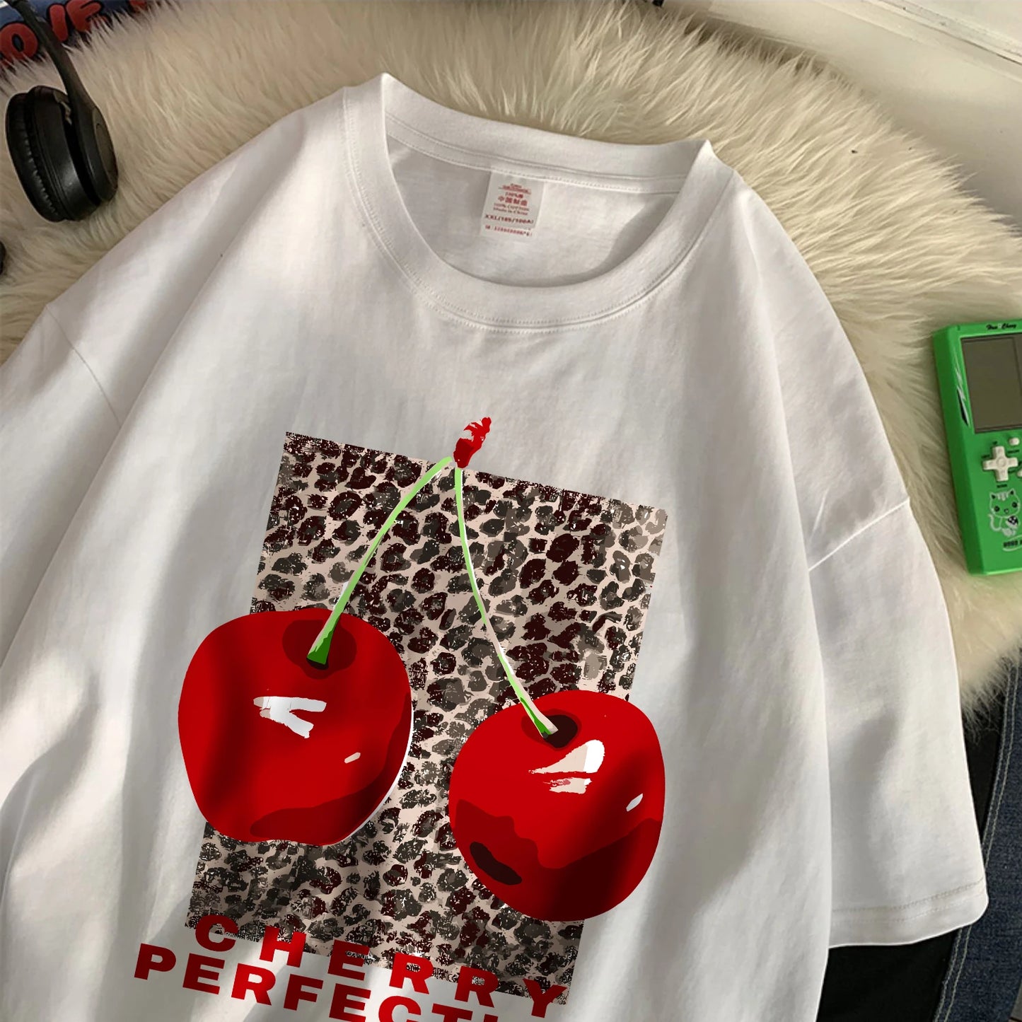 Cherry perfection T Shirt Women Leopard Prints Oversize Cotton T-Shirts Casual O-Neck Short Sleeve Tops Summer Woman Clothes