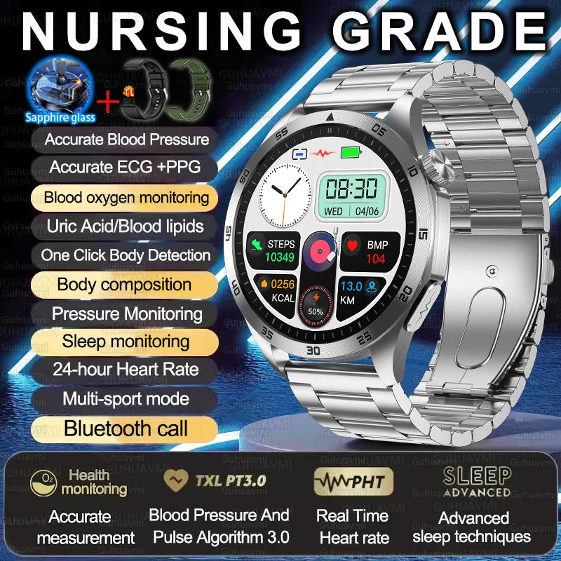2025 New Nursing Grade Smart Watch ECG+PPG Blood Lipid Blood pressure Uric Acid HD Bluetooth Call Clock Health Smart Watch Men