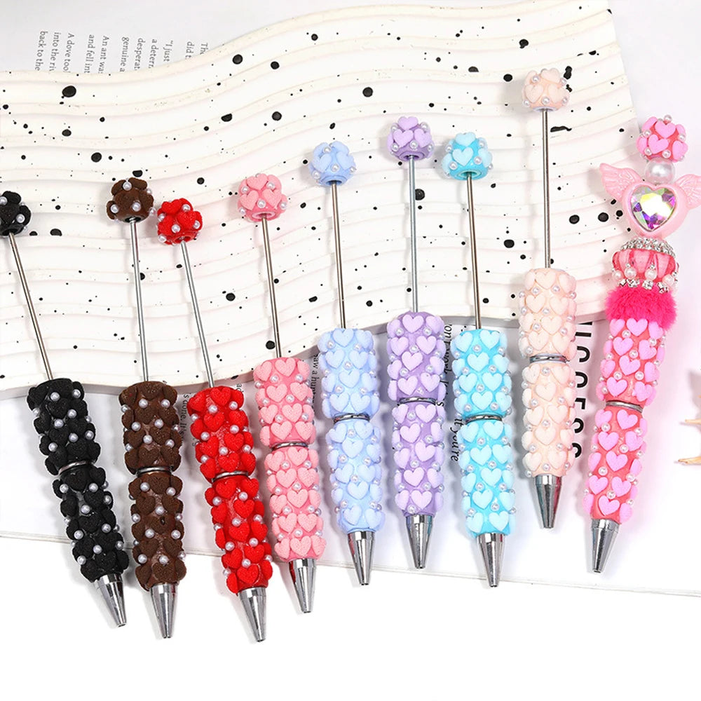 10-50Pcs DIY Clay Heart Bead Pen with Pearl Detail — Useful Ballpoint Pen for Journaling, Office, and Gifts