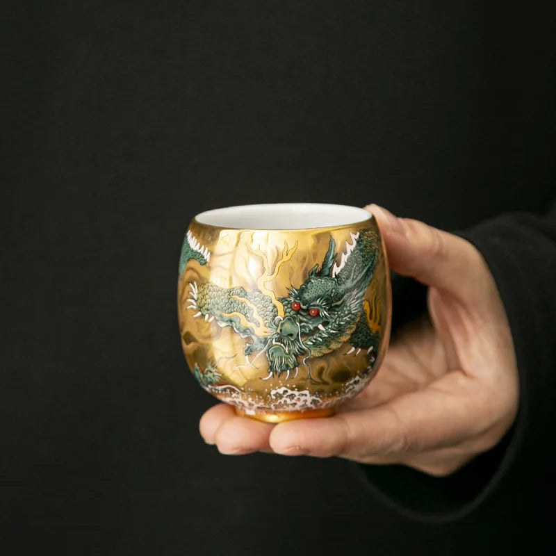 Pure gold teacup dragon and phoenix pair cup master cup personal special gilt kung fu tea set merchandise Guochao
