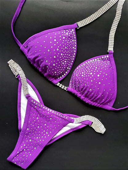 Crystal Fitness Competition Bikini Suit for Women NPC IFBB Swimwear in Blue Red Purple Yellow Colors Health-Fit Design