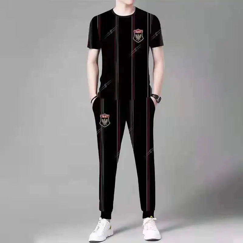 2025 Summer Men's Trousers Tracksuit 2 Piece Set Fashion Sportswear Short Sleeve T Shirt+Long Pants Male Clothing