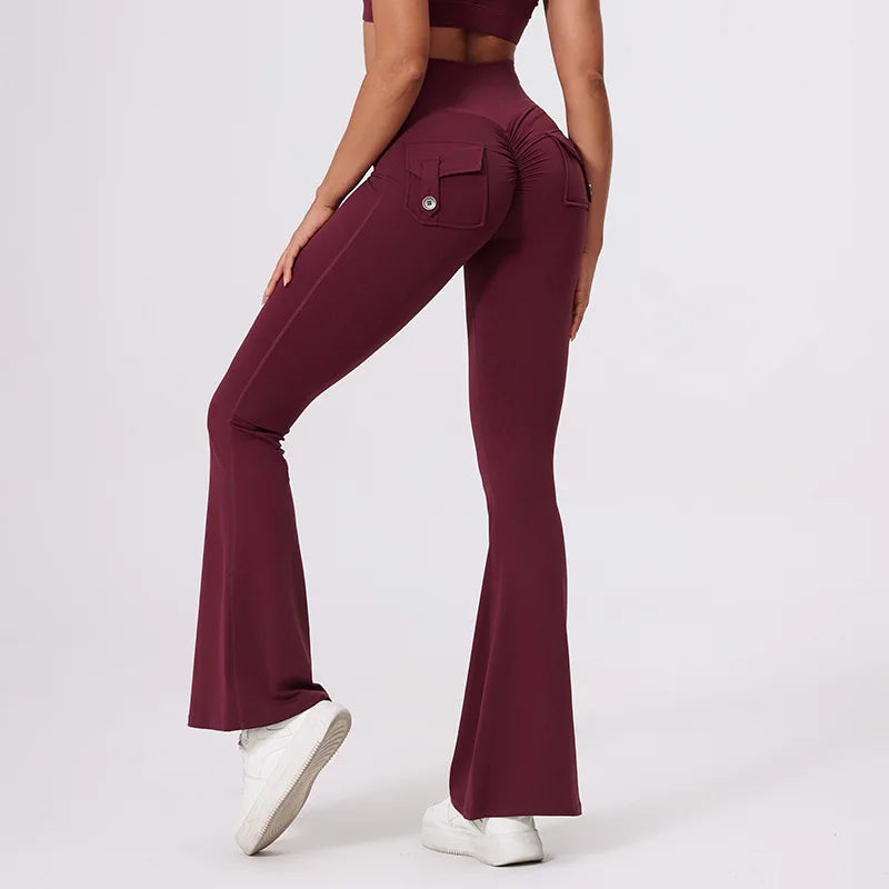 Workwear Pocket Pants, Women's Peach Bell Bottom Pants, Hip Lifting Sports Leggings, Fitness Pants, Micro Bell Bottom Pants