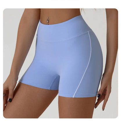 Nude High-elasticity Yoga Suit Contrasting Color Bra Halter Top Hip-lifting Fitness Line Shorts Pilates Sports Set