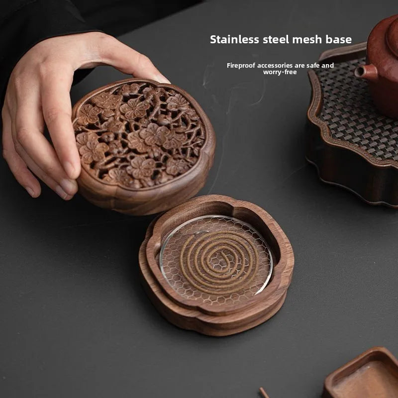 Black walnut hollow incense burner with lid, large solid wood home interior aromatherapy tea ceremony decoration