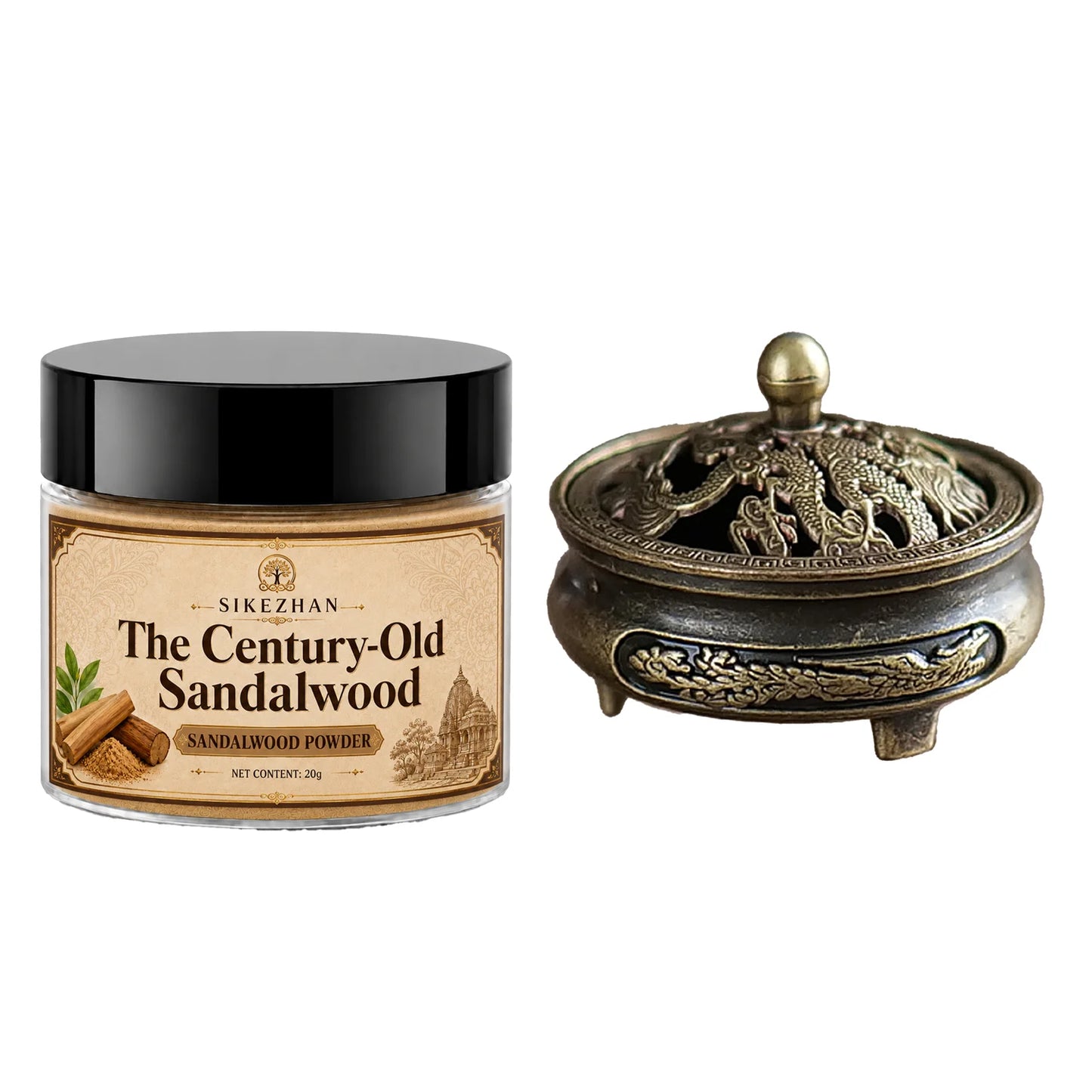 100% Pure Sandalwood Incense Powder 20g Kit Vintage Brass Burner Antique Dragon Censer For Zen Yoga Meditation Home Aromatherapy