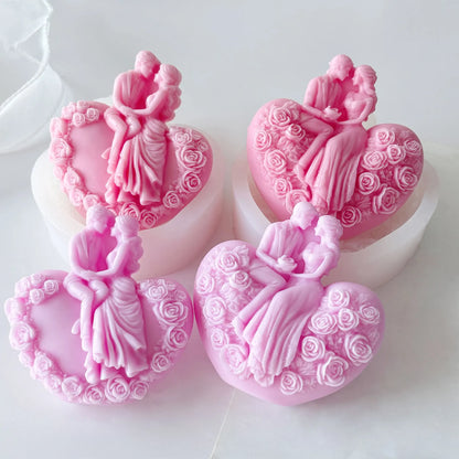 Rose Heart Couple Candle Mold Valentine Wedding Silicone Mold DIY Romantic Aromatherapy Plaster Gift