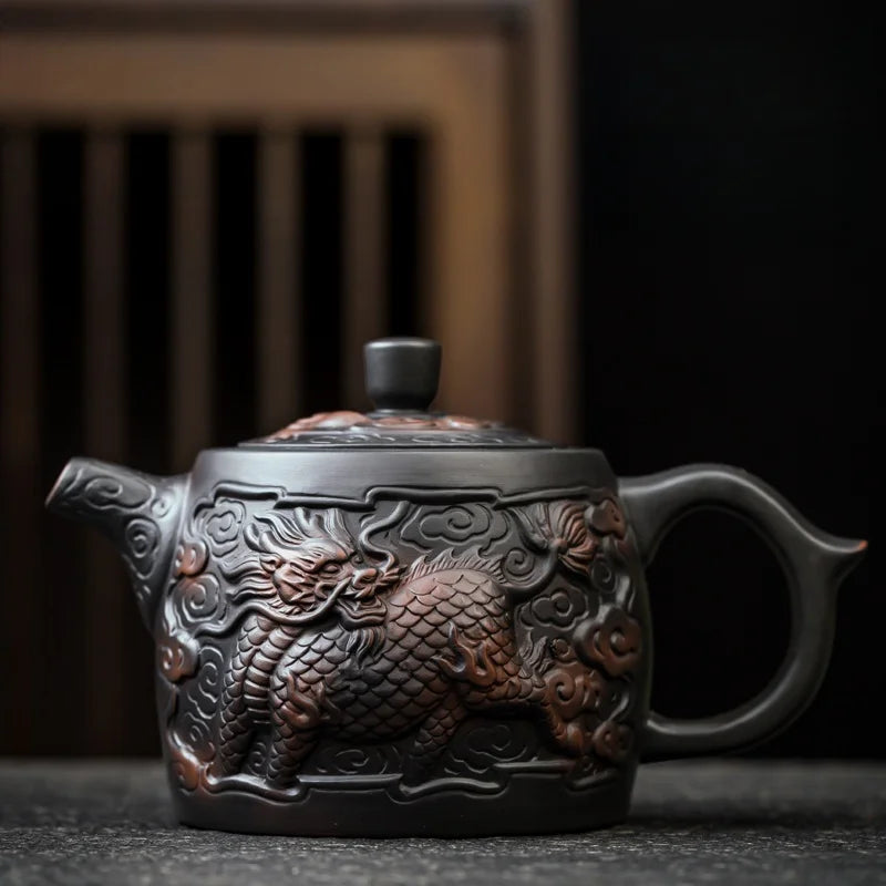 Jianshui Clay Purple Pottery Carving Dragon Teapot Hand Painted Antique Relief Teapot Household Teapot Kungfu Tea Set Kettle