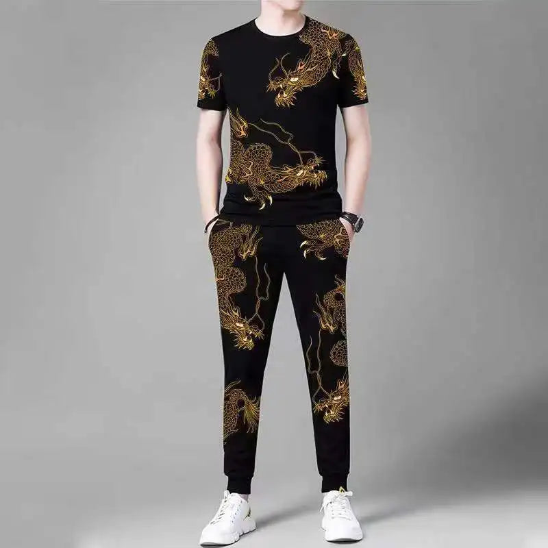 2025 Summer Men's Trousers Tracksuit 2 Piece Set Fashion Sportswear Short Sleeve T Shirt+Long Pants Male Clothing