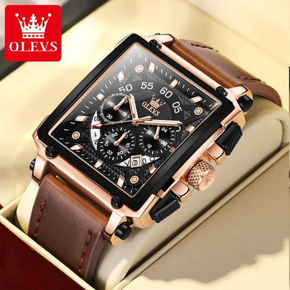 OLEVS 9919 Chronograph Multifunctional Quartz Men's Watch Leather strap 45MM Square Big Dial Leisure Sports TOP Brand Male Watch