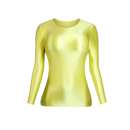 MJINM Glossy Satin Elastic Crewneck Longsleeve Breathable Tops Blouse Streetwear Sport Fitness Yoga Tees Casual Tight Undershirt