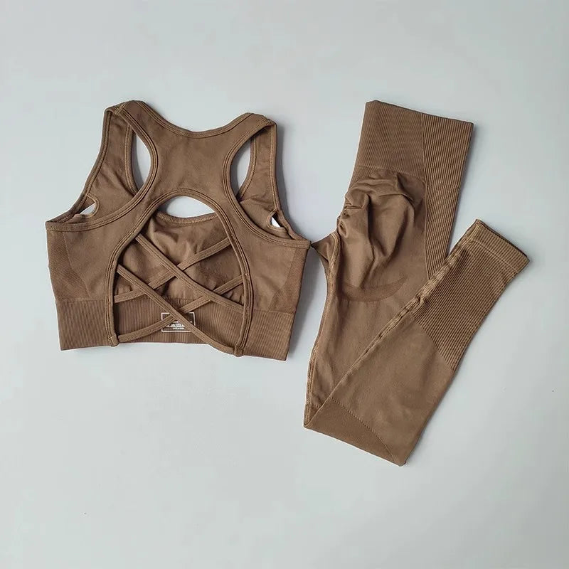 Women's yoga exercise set, cross belt backless sports bra paired with hip lifting and high waist yoga fitness pants