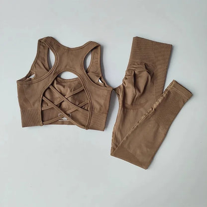 Women's yoga exercise set, cross belt backless sports bra paired with hip lifting and high waist yoga fitness pants