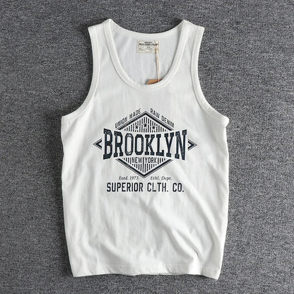 Summer New 230g American Retro Sleeveless O-neck Letter Printed T-shirt Men's 100% Cotton Washed Casual Sports Fitness Vest Tops