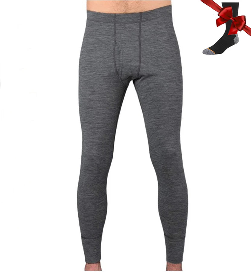 100% Merino Wool Men Base Layer Bottom Pants Merino Wool Thermal Underwear Pants Leggings Long Johns Warm Baselayer Bottom+Socks