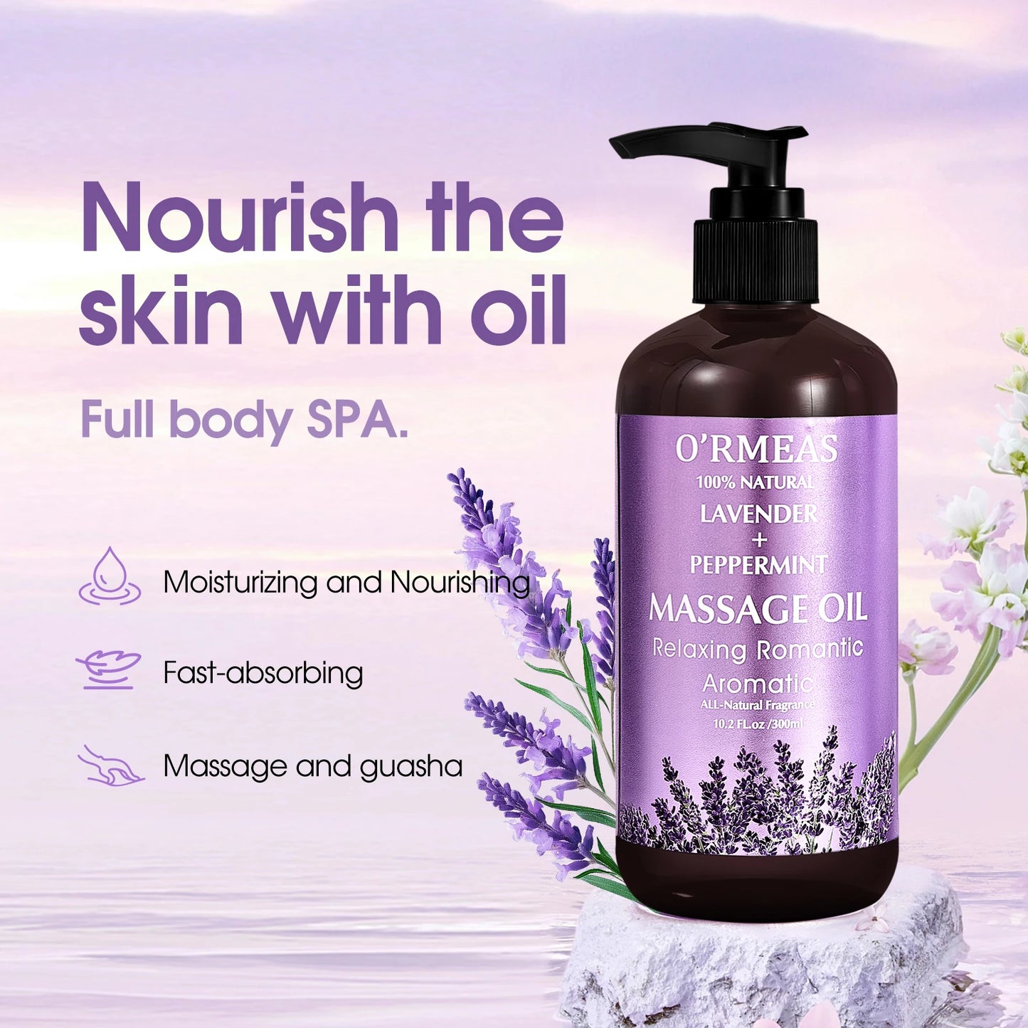 Lavender & Peppermint Infused Massage Body Oil - Warming & Moisturizing Formula for Men & Women, 10.2 Fl.Oz