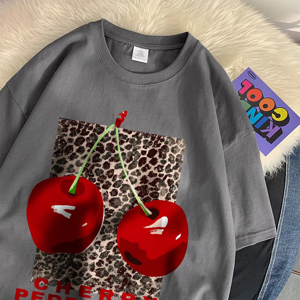 Cherry perfection T Shirt Women Leopard Prints Oversize Cotton T-Shirts Casual O-Neck Short Sleeve Tops Summer Woman Clothes