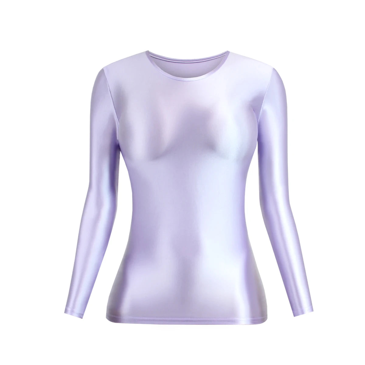 MJINM Glossy Satin Elastic Crewneck Longsleeve Breathable Tops Blouse Streetwear Sport Fitness Yoga Tees Casual Tight Undershirt