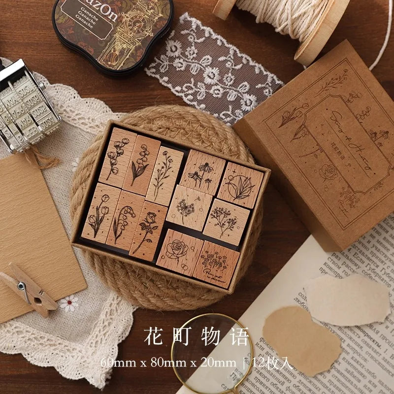 Cute Flower Week Day Moon Stamps For Scrapbooking DIY Journaling Card Deco Craft Supplies Hobby Girl Seal Wooden Stamping