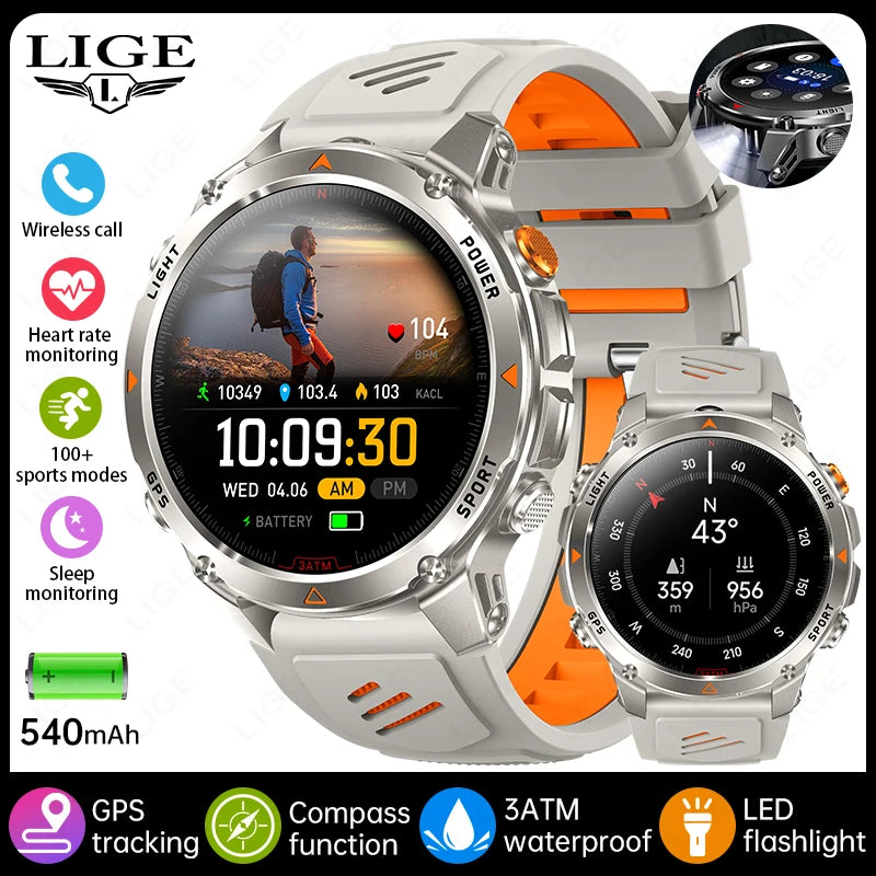 LIGE 2026 New Professional GPS Track Sports Smartwatch Outdoor RIDE Run Compass Altimeter 3ATM Fitness Bracelets 540mAh Watches
